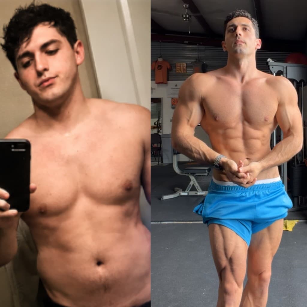 Jack before and after fat loss — softer physique compared to lean gym photo after rebuilding habits post-COVID