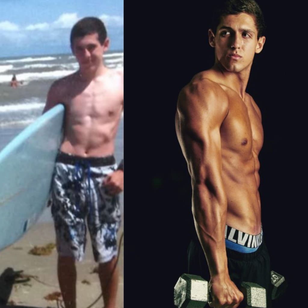 Jack before and after building muscle — skinny teenager at the beach compared to lean muscular physique with dumbbell