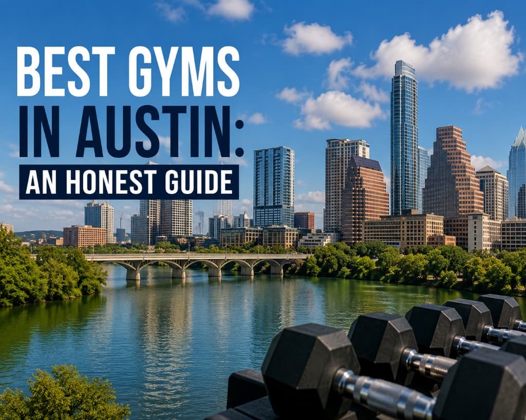 Best gyms in Austin honest guide — Austin skyline with Lady Bird Lake and gym dumbbells in the foreground