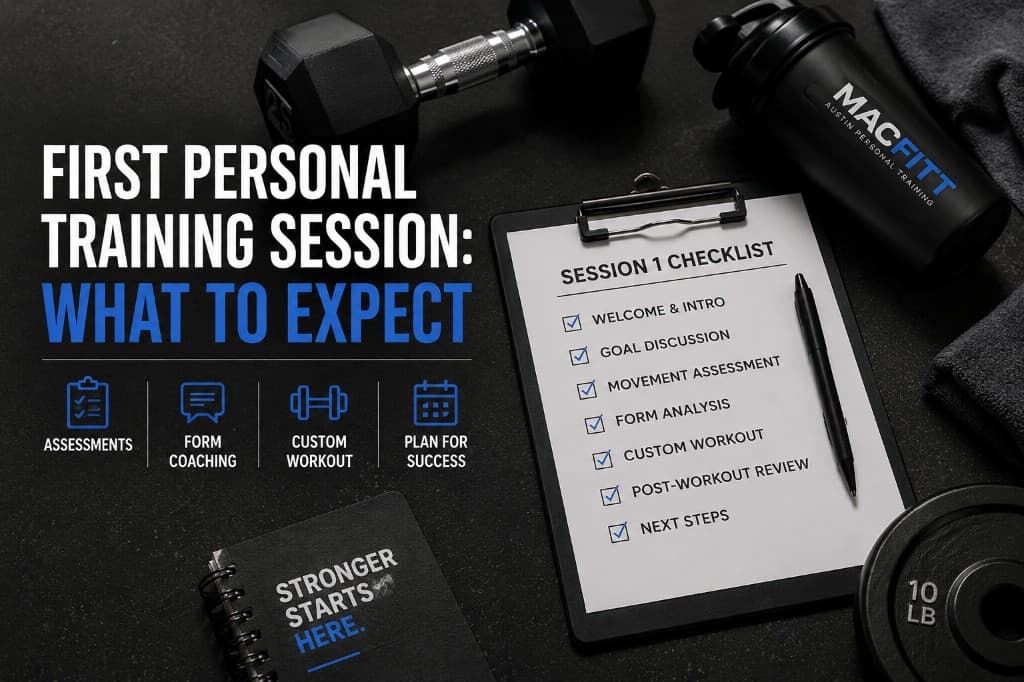 First personal training session checklist — goal discussion, movement assessment, form coaching, custom workout, and next steps with MacFitt