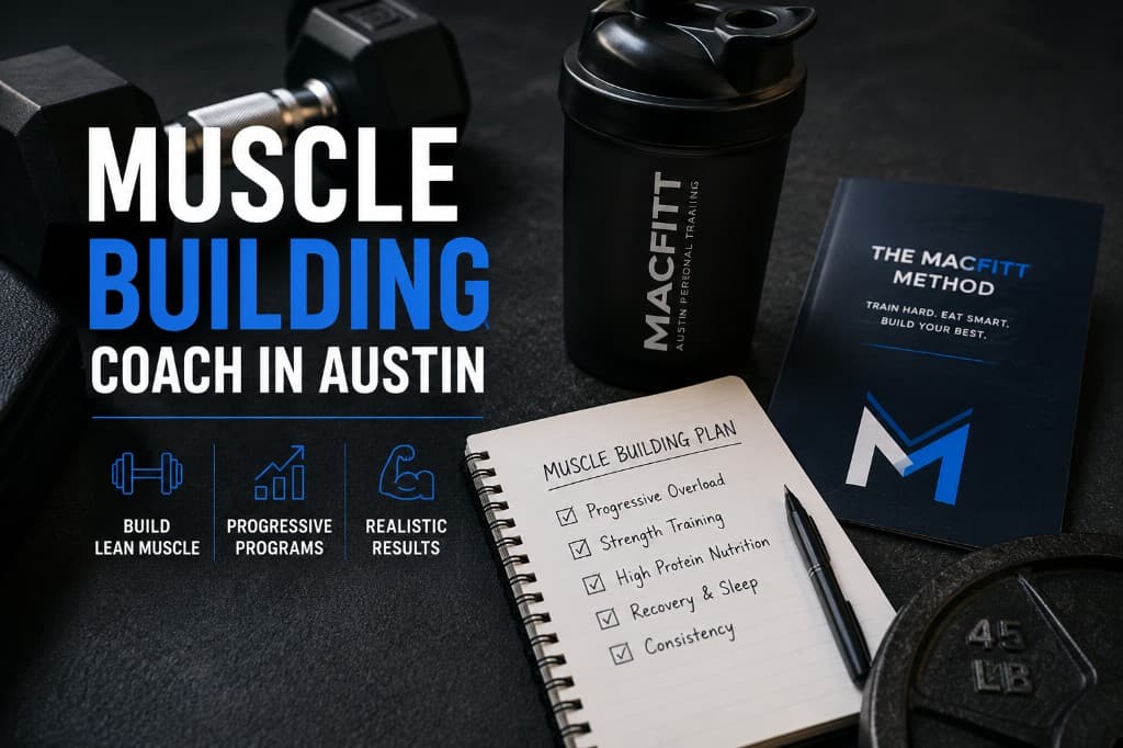 Muscle building coach in Austin — MacFitt progressive strength training, high-protein nutrition, and realistic hypertrophy results