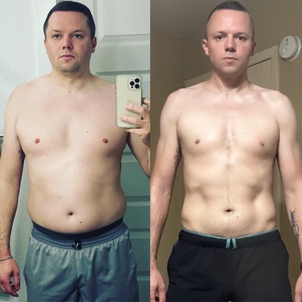 Evan's before-and-after body composition change from MacFitt weight loss coaching in Southwest Austin