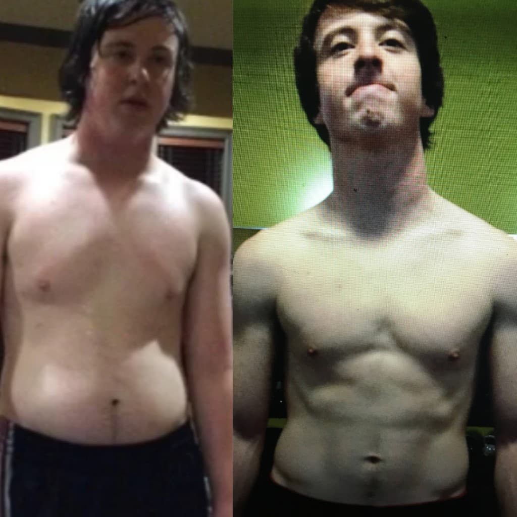 Gray before and after fitness transformation with MacFitt — from skinny fat to lean, muscular physique through Austin personal training